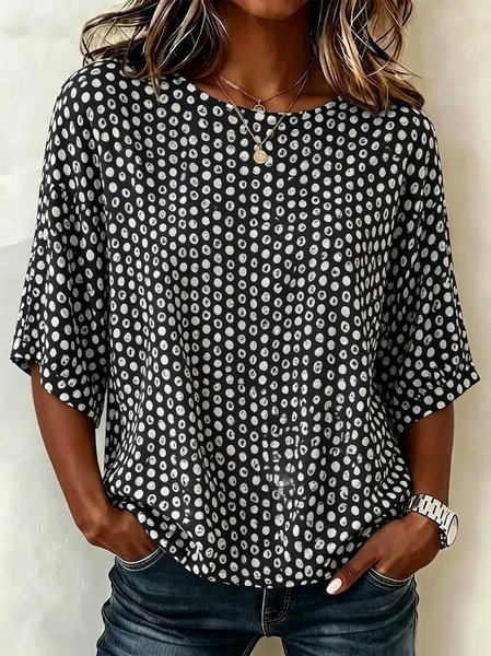 Crew Neck Half Sleeve Abstract Polka Dots Printing Regular Micro-Elasticity Loose Blouse For Women