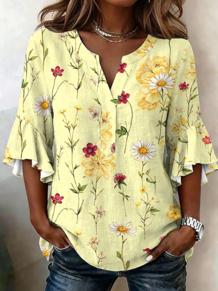 V Neck Half Sleeve Floral Printing Regular Loose Shirt For Women