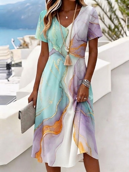 Women Abstract Summer Dress V Neck Short Sleeve A-Line Dress