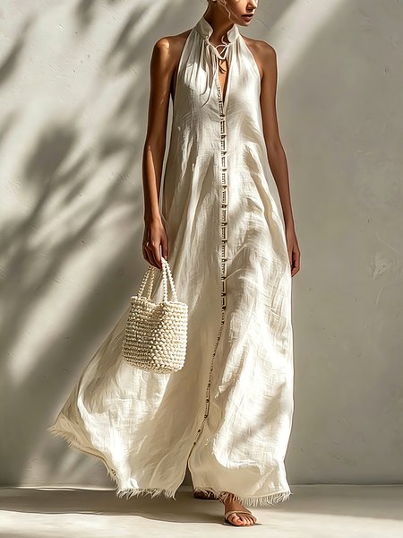 Cotton And Linen Casual Plain Webbing Tie Neck Maxi Dress