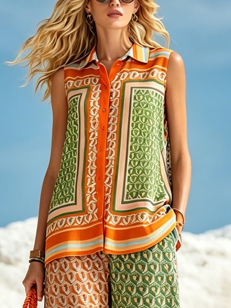 

Vacation Random Print Printing Shirt Collar Shirt, As picture, Blouses and Shirts