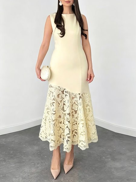Elegant Plain Lace Boat Neck Midi Dress