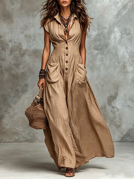 Cotton And Linen Casual Plain Button Detail Shirt Collar Maxi Dress