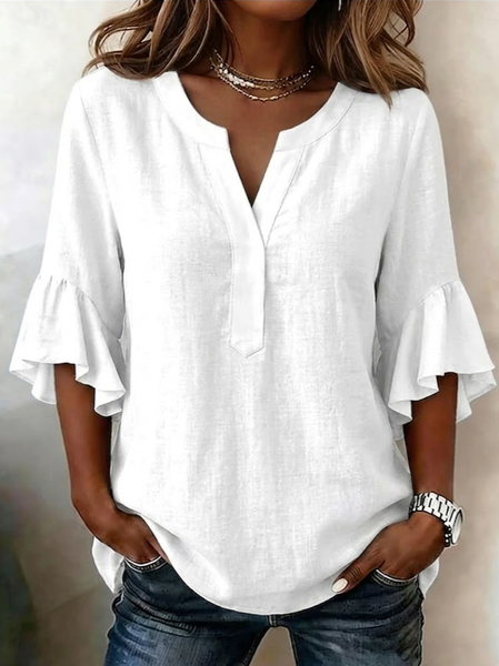 V Neck Half Sleeve Plain Printing Regular Loose Shirt For Women