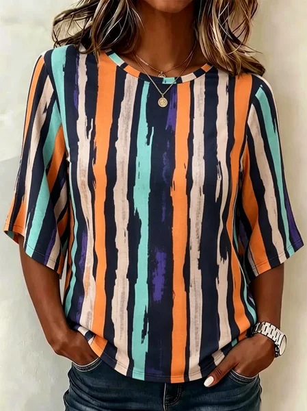 Crew Neck Half Sleeve Abstract Stripes Printing Regular Micro-Elasticity Loose Blouse For Women