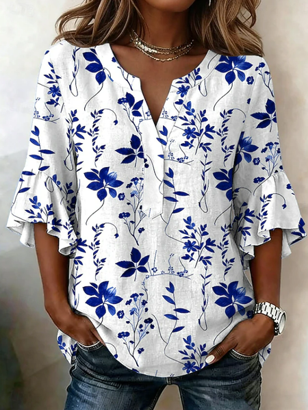 

V Neck Half Sleeve Floral Printing Regular Loose Shirt For Women, White, Blouses
