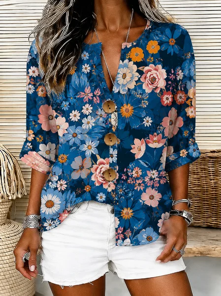 

Stand Collar Three Quarter Sleeve Floral Regular Loose Shirt For Women, Deep blue, Shirts