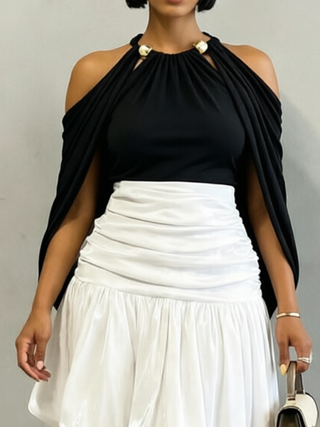 

Elegant Plain Hollow Out Halter Neck Blouse, Black, Blouses and Shirts