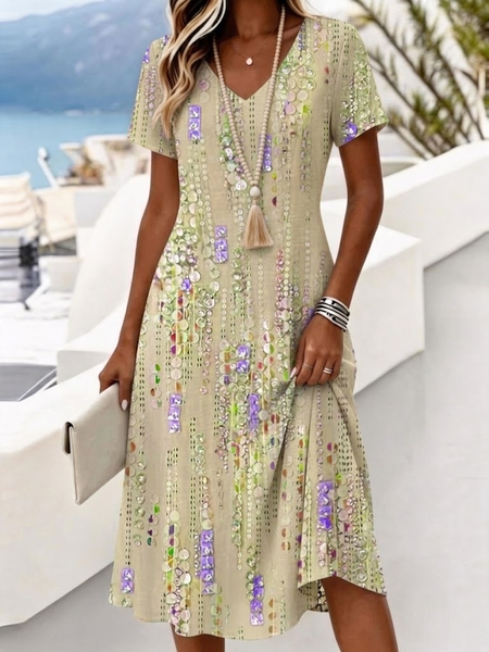 Women Abstract Summer Dress V Neck Short Sleeve A-Line Dress