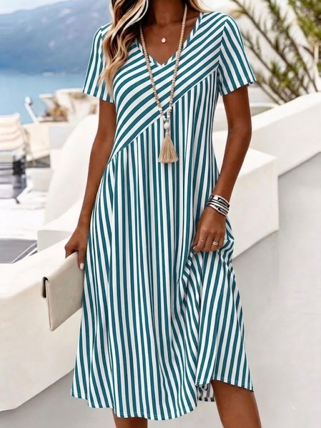 Women Striped Summer Dress V Neck Short Sleeve A-Line Dress