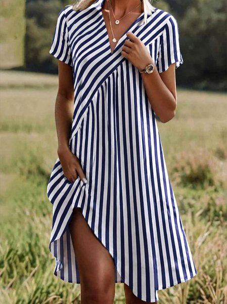 Women Striped Summer Dress Shirt Collar Short Sleeve A-Line Dress
