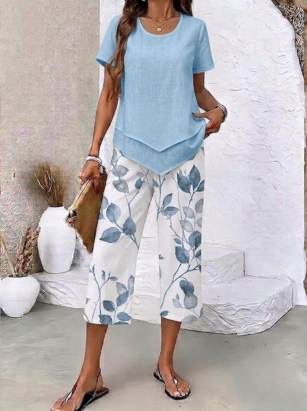 Women Floral Printing Two-Piece Set Daily Short Sleeve Casual Summer Top With Pants Matching Set