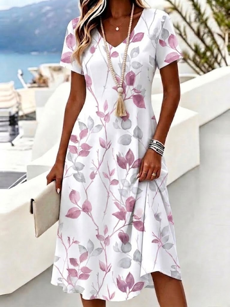 Women Floral Summer Dress V Neck Short Sleeve A-Line Dress
