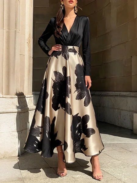 Urban Floral Color Block Cross Neck Midi Dress