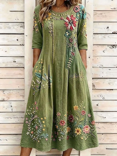 Women Floral Summer Dress Crew Neck Half Sleeve A-Line Dress