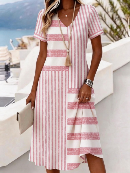 Women Striped Summer Dress V Neck Short Sleeve A-Line Dress