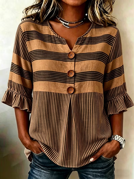 V Neck Half Sleeve Striped Printing Regular Micro-Elasticity Regular Fit Blouse For Women
