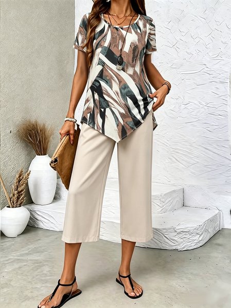 

Women Plain Two-Piece Set Daily Short Sleeve Casual Summer Top With Pants Matching Set, Khaki, Sets