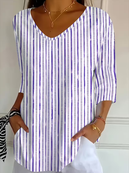 Casual Striped V Neck Three Quarter Sleeve T-shirt