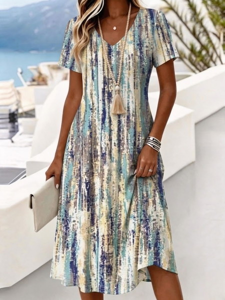 Women Abstract Summer Dress V Neck Short Sleeve A-Line Dress