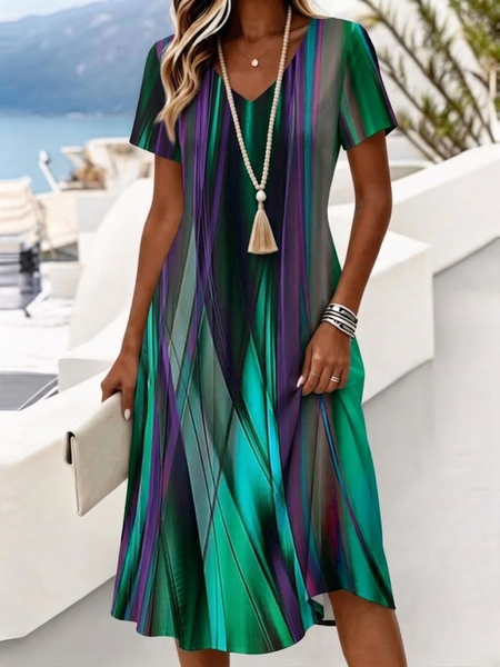 Women Abstract Summer Dress V Neck Short Sleeve A-Line Dress