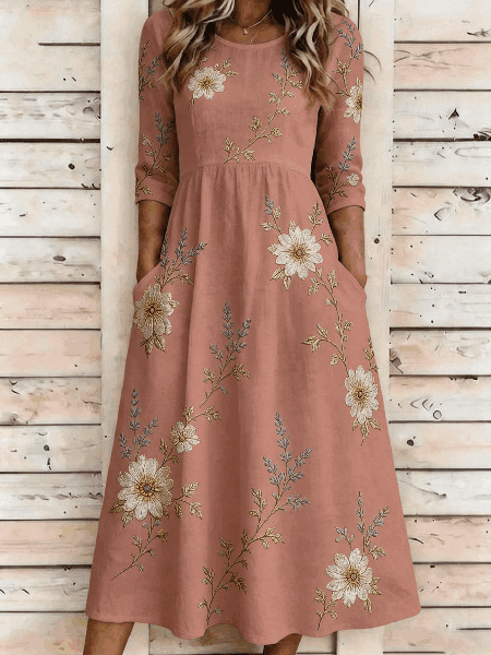 Women Floral Summer Dress Crew Neck Half Sleeve A-Line Dress