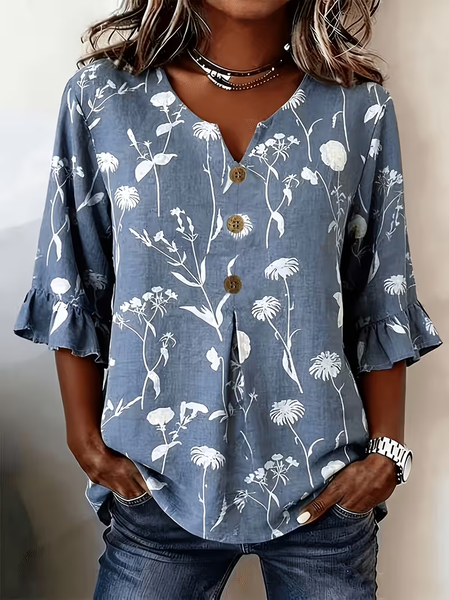 V Neck Half Sleeve Floral Printing Regular Micro-Elasticity Regular Fit Blouse For Women