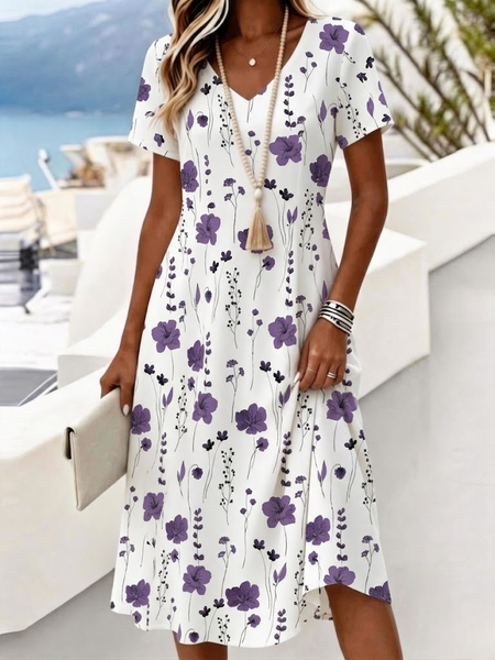 Women Floral Summer Dress V Neck Short Sleeve A-Line Dress