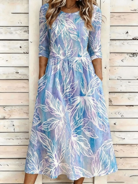 Women Floral Summer Dress Crew Neck Half Sleeve A-Line Dress