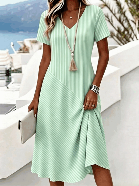 Women Striped Summer Dress V Neck Short Sleeve A-Line Dress