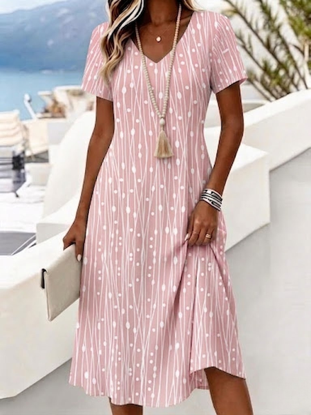 Women Geometric Summer Dress V Neck Short Sleeve A-Line Dress