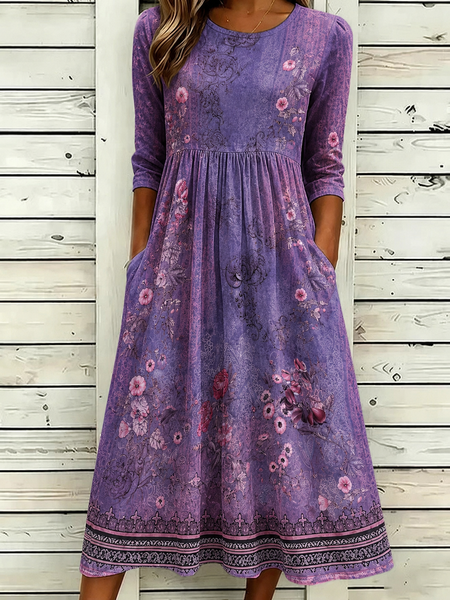 Women Floral Summer Dress Crew Neck Half Sleeve T-Shirt Dress A-Line Dress