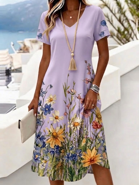 Women Floral Summer Dress V Neck Short Sleeve A-Line Dress