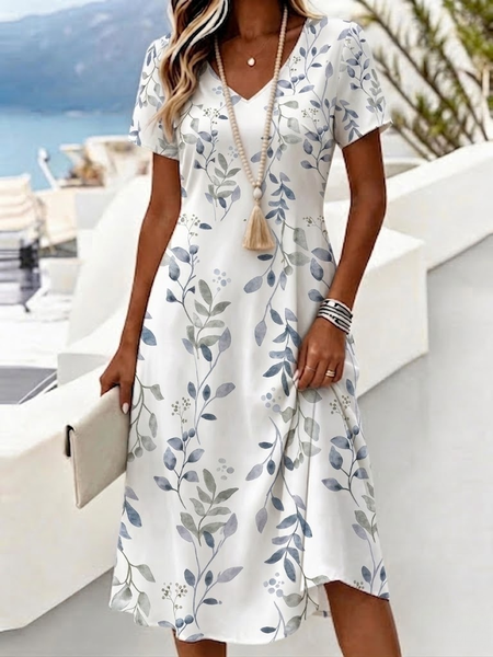 Women Leaf Summer Dress V Neck Short Sleeve A-Line Dress
