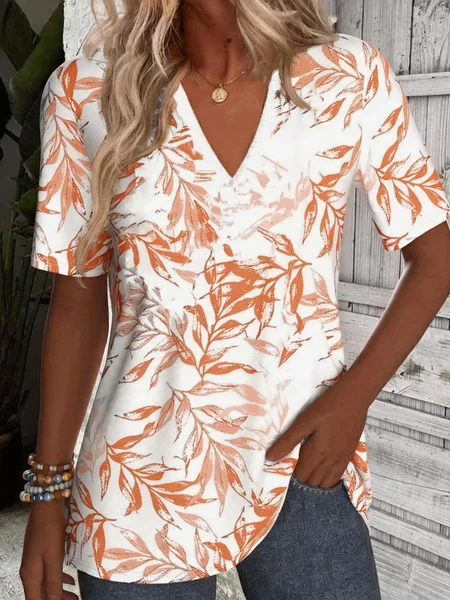 Casual Floral Printing V Neck Short Sleeve T-shirt