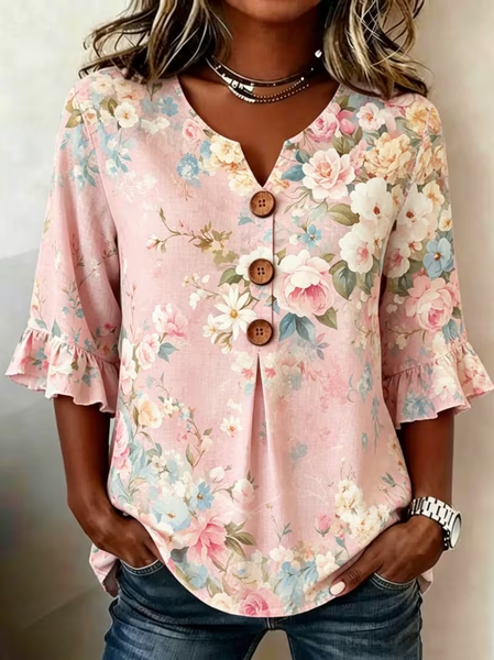 V Neck Half Sleeve Floral Printing Regular Micro-Elasticity Regular Fit Blouse For Women