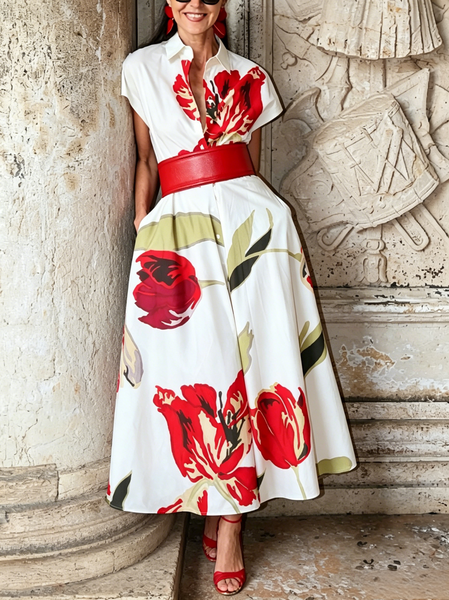

Elegant Floral Printing Maxi Dress With No Belt, White, Maxi Dresses