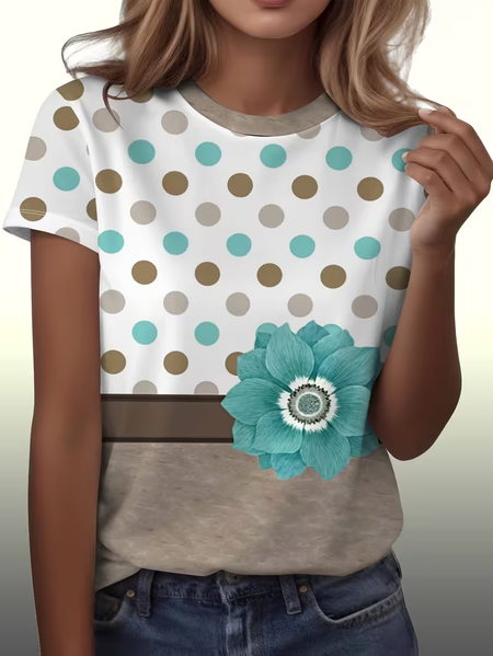 Casual Polka Dots Crew Neck Short Sleeve T-shirt