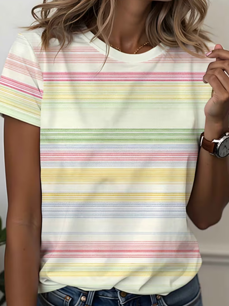 Women Striped Short Sleeve Tee T-shirt Crew Neck Printing Casual Graphic Tee Summer Top