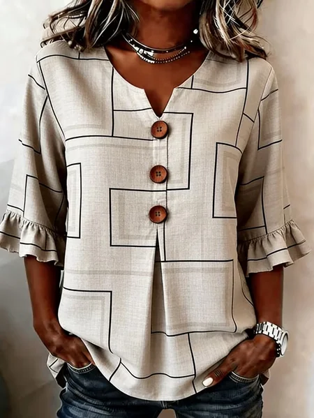V Neck Half Sleeve Striped Printing Regular Micro-Elasticity Regular Fit Blouse For Women