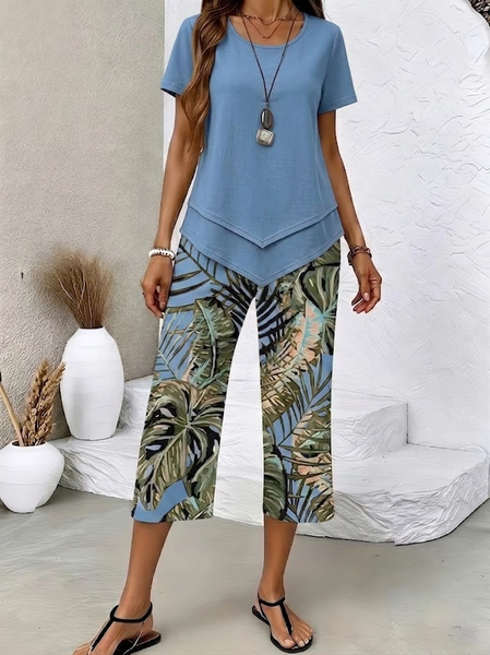 Women Plants Printing Two-Piece Set Daily Short Sleeve Casual Summer Top With Pants Matching Set