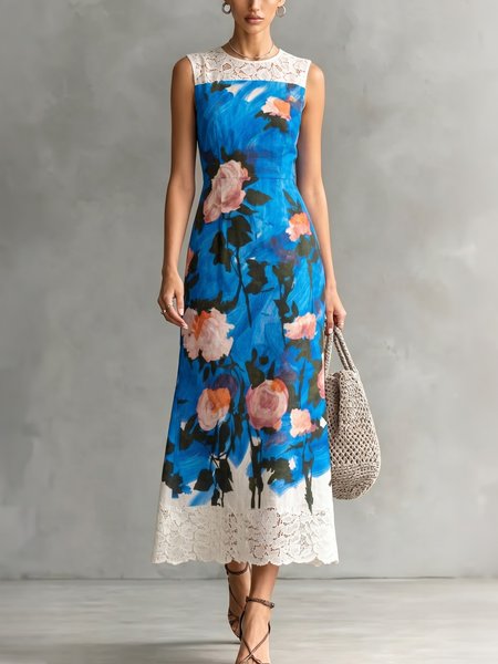 

Elegant Floral Crew Neck Maxi Dress, Blue, Midi Dresses