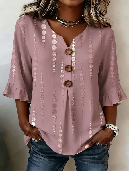V Neck Half Sleeve Abstract Printing Regular Micro-Elasticity Regular Fit Blouse For Women