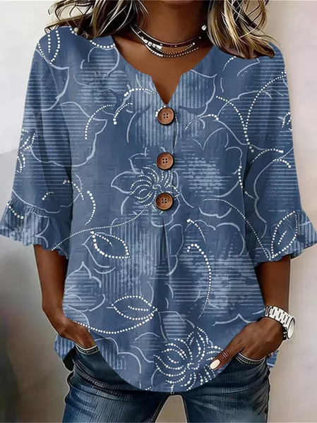 

V Neck Half Sleeve Abstract Printing Regular Micro-Elasticity Regular Fit Blouse For Women, Blue, Blouses