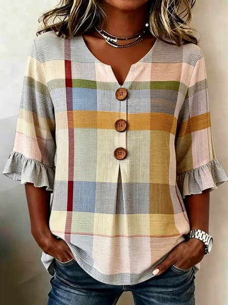 V Neck Half Sleeve Plaid Printing Regular Micro-Elasticity Regular Fit Blouse For Women