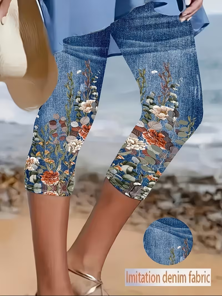 Women Floral Capris Elastic Waist Pants Casual Summer Trousers