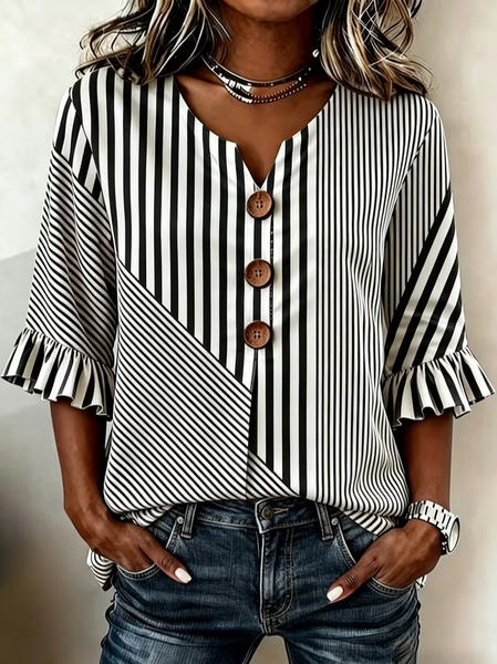 V Neck Half Sleeve Striped Printing Regular Micro-Elasticity Regular Fit Blouse For Women