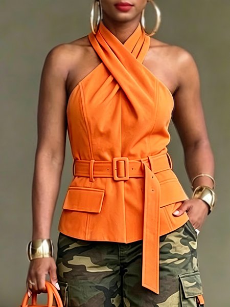 

Urban Solid Tailored Cross Halter Neck Blouse, Orange, Blouses and Shirts