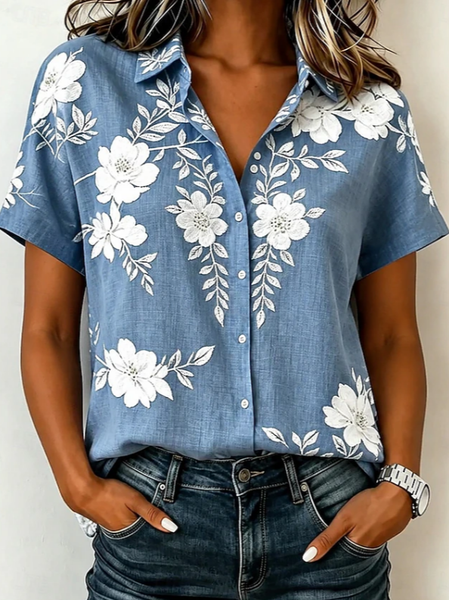 Shirt Collar Short Sleeve Floral Printing Regular Micro-Elasticity Loose Button Up Shirt Shirt For Women
