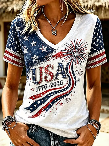 Vintage America Flag V Neck Short Sleeve T-shirt
